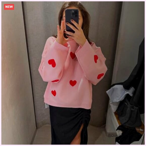 Heart Print Sweatshirt Oversized Pullover Casual Crewneck Y2K Valentine Top - Picture 5 of 7